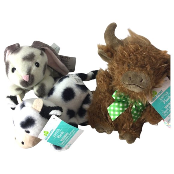 Lot of 3 Way to Celebrate Easter Small Shaggy Bull & Lying Cow Stuffed Plush Toy - Picture 1 of 10
